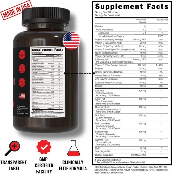 Cheat Death, 20-In-1 Multivitamin For Men & Women  L-Methylfolate + B12  Pre + Probiotics  7 Herb + Fruit Extracts  Full Spectrum Longevity Support  60 Gummies.