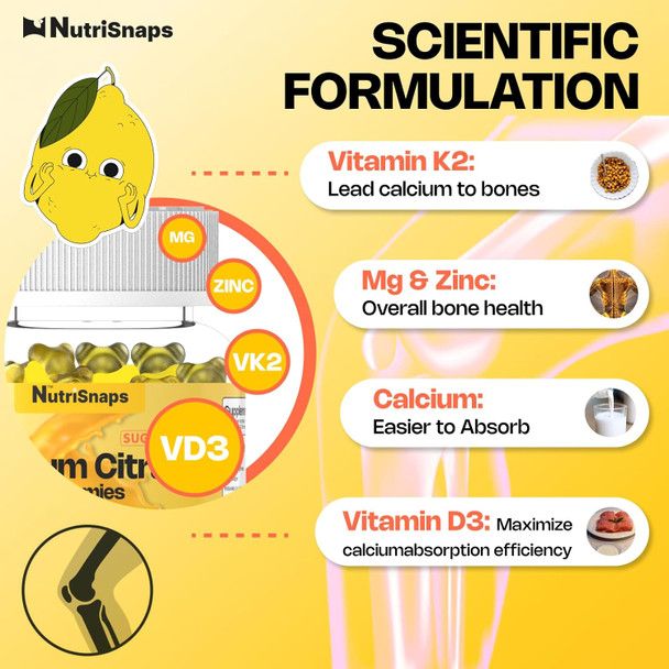 Sugar Calcium Citrate Gummies 1200Mg With Vitamin D3 K2, Magnesium, Zinc, Msm For Men & Women, Bone, Muscle, Immune Support, Ultimate Absorption Calcium Supplement, Vegan, 60 Count