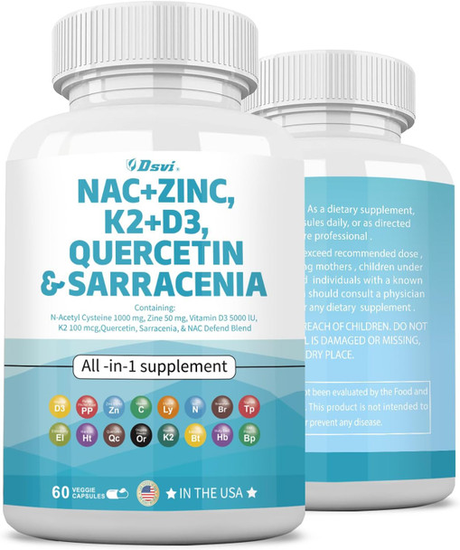 Nac Supplement N-Acetyl Cysteine 1000Mg Vitamin D3 K2 Zinc Quercetin 1000Mg Sarracenia Purpurea 1000Mg With Elderberry Holy Basil Bee Propolis Bromelain L-Lysine For Men And Women,60 Count