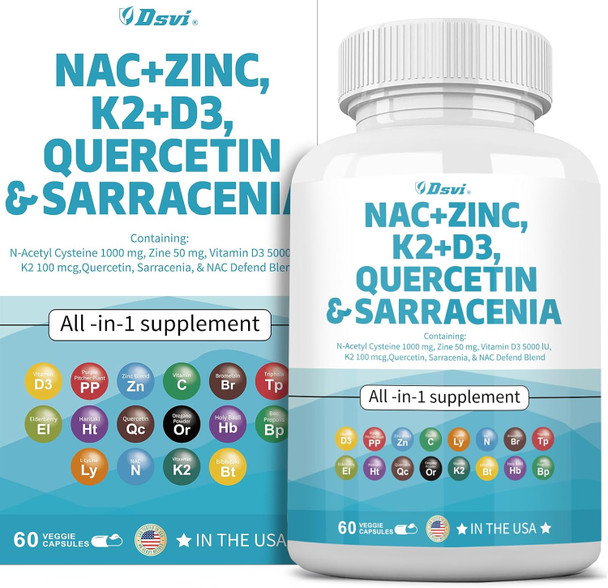 Nac Supplement N-Acetyl Cysteine 1000Mg Vitamin D3 K2 Zinc Quercetin 1000Mg Sarracenia Purpurea 1000Mg With Elderberry Holy Basil Bee Propolis Bromelain L-Lysine For Men And Women,60 Count