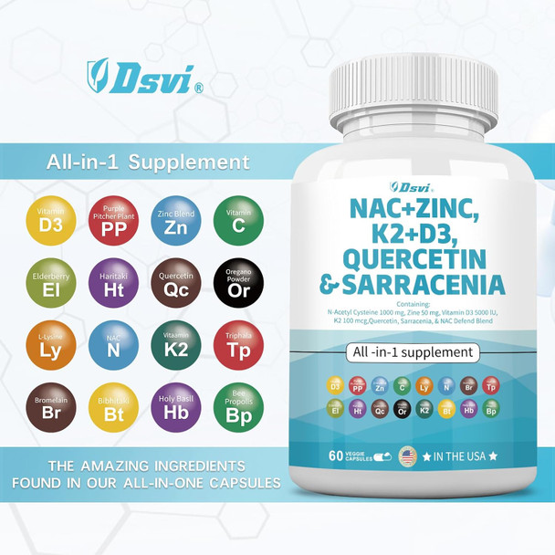 Nac Supplement N-Acetyl Cysteine 1000Mg Vitamin D3 K2 Zinc Quercetin 1000Mg Sarracenia Purpurea 1000Mg With Elderberry Holy Basil Bee Propolis Bromelain L-Lysine For Men And Women,60 Count