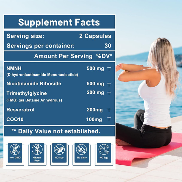 500Mg Nmnh, Nmn Supplement Alternative With Nr, Tmg, Resveratrol, Coq10, Nad Supplement, Anti Aging, Energy, Boost Nad+ Levels, 60 Capsules