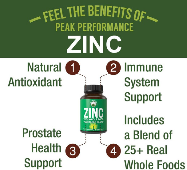 Vegan Zinc Supplement With Vitamin C + Whole Food Blend Of 25 Vegetables And Fruits For Max Absorption. Zinc Supplements Zinc 30Mg Capsules, Pills, Tablets, Vitamins For Adults Both Men And Women