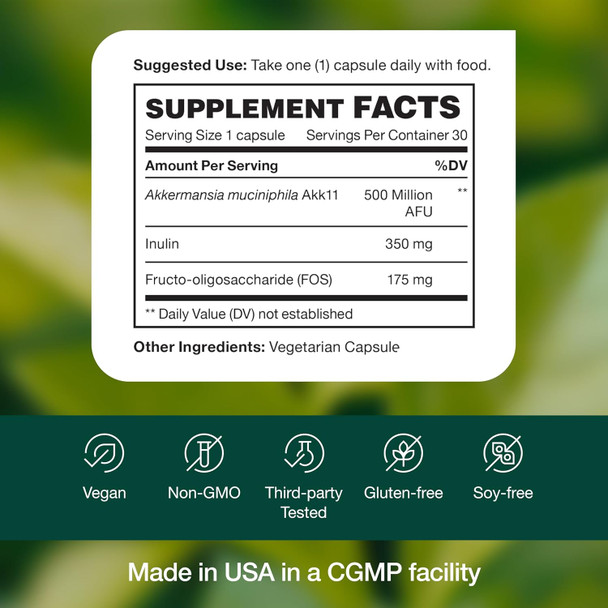 Fresh Nutrition Akkermansia Muciniphila Probiotic 500M Afu For Glp-1 Production - Pre + Probiotic Supplement - 30 Capsules