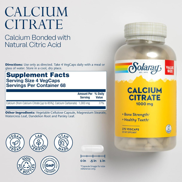 Solaray Calcium Citrate 1000Mg - Chelated Calcium Supplement - Supports Bone Strength And Healthy Teeth - Easy To Digest - 60-Day , Vegan - 68 Servings, 275 Vegcaps
