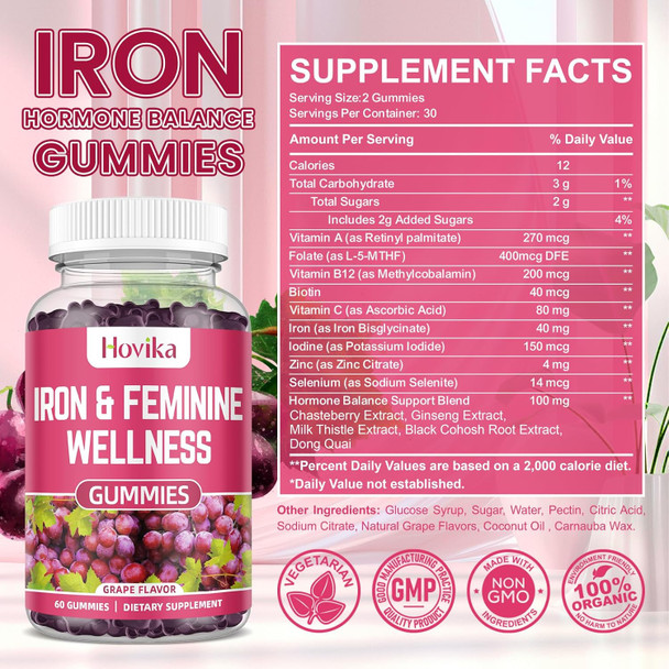 Iron & Hormone Balance For Women Gummies, 40Mg Iron Supplement Anemia With Multivitamin For Women, Zinc, Selenium, Iodine - For Iron Deficiency - Natural Hormonal Support For Pms, Vegan 60 Count