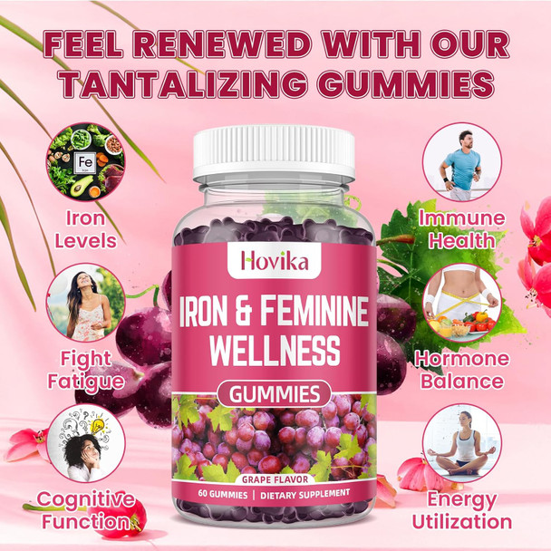 Iron & Hormone Balance For Women Gummies, 40Mg Iron Supplement Anemia With Multivitamin For Women, Zinc, Selenium, Iodine - For Iron Deficiency - Natural Hormonal Support For Pms, Vegan 60 Count