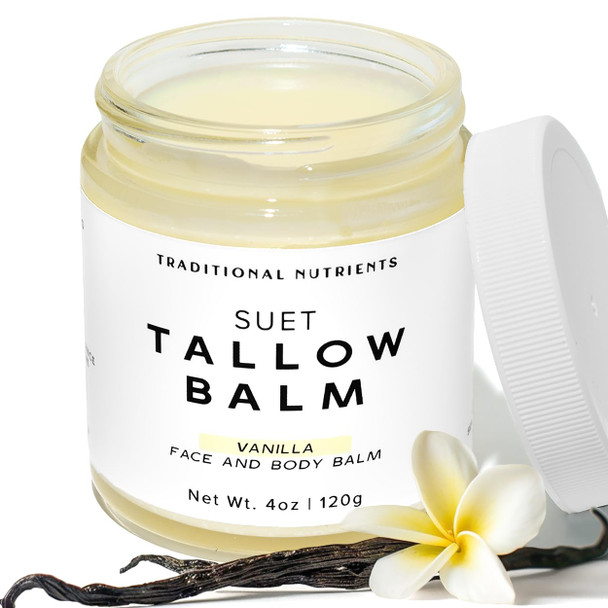 Suet Beef Tallow + Raw Honey Balm For Skin With Vanilla Essential Oil, Natural Grass Fed Tallow Moisturizer For Face And Body (4 Ounce)