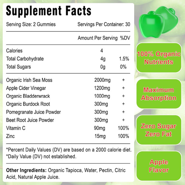 2 Pack Apple Cider Vinegar Gummies With Sea Moss, Pomegranate Beet Root Bladderwrack Burdock Vitamin C Zinc Supplement For Digestion Mood Energy Immune Support, Apple Flavor