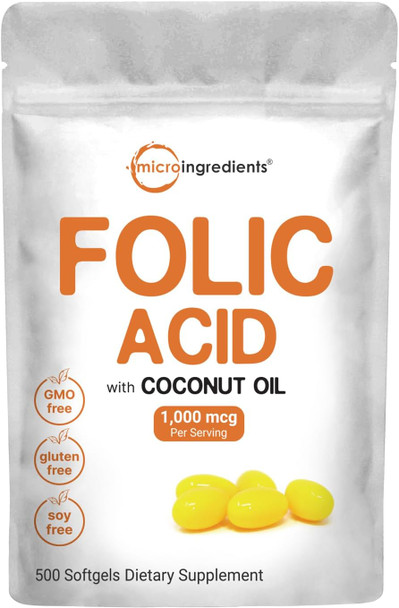 Folic Acid 1,000 Mcg, 500 Coconut Oil Softgels (1Mg)  Essential Prenatal Vitamins (Vitamin B9)  1,667 Mcg Dfe  Third Party Tested, No Artificial Colors Or Flavors  Non-Gmo, Gluten Free