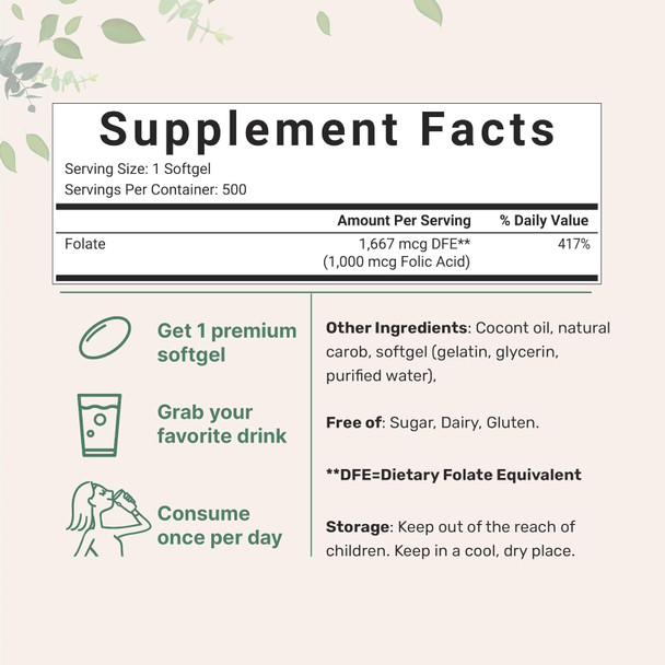 Folic Acid 1,000 Mcg, 500 Coconut Oil Softgels (1Mg)  Essential Prenatal Vitamins (Vitamin B9)  1,667 Mcg Dfe  Third Party Tested, No Artificial Colors Or Flavors  Non-Gmo, Gluten Free