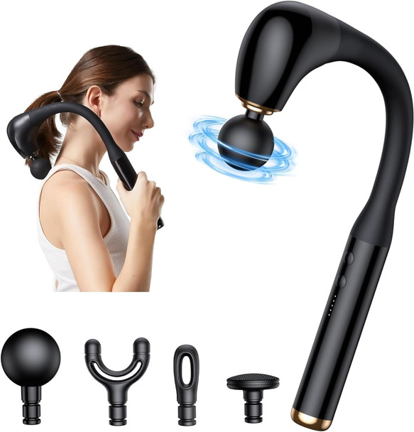 Etou Handheld Massager Gun With  Extension Handle, Back Massager,Muscles/Neck/Shoulders/Waist/Legs Massager Portable For Pain Relief, 4 Massage Heads & 5 Speed Levels