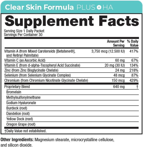 Vitamedica Clear Skin Formula +Ha - Daily Supplements Packets, 30-Count