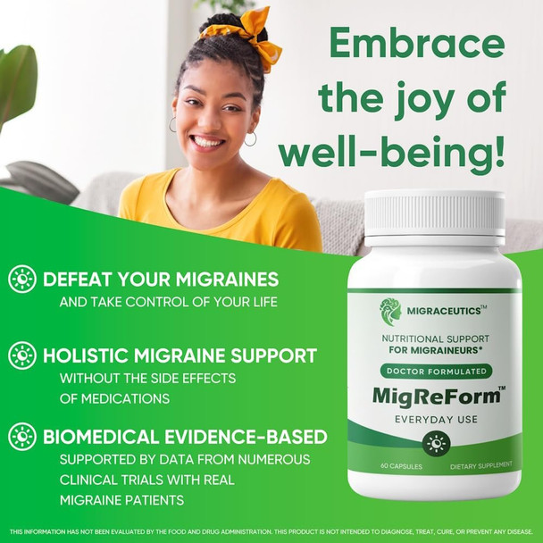 Migreform  Doctor Formulated Natural Daily Supplement For Migraine Relief Needs  High-Bioavailability Multivitamin With Magnesium  B Vitamins  Coq10  Vitamin C & Zinc  For Women, Men, And Kids