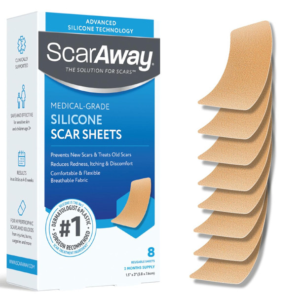 Scaraway Advanced Skincare Silicone Scar Sheets, Medical Grade Silicone Strips, No 1 Recommended Treatment For Surgical, Burn, Body, Acne, Hypertrophic & Keloid Scar Treatment, 8 Tan Reusable Sheets