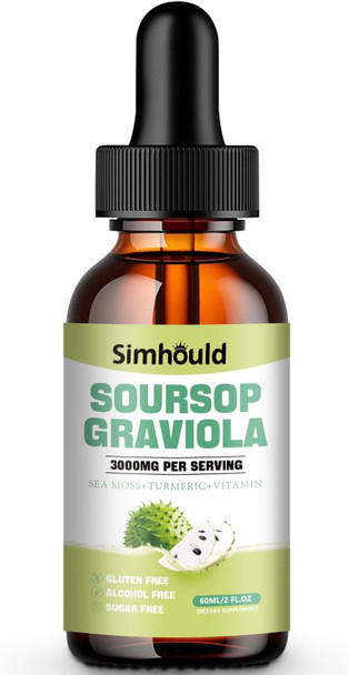 1 Packs 3000Mg Soursop Graviola Liquid Drops For Cell Support & Regeneration, Immune, Gut, Antioxidant, Mood, Relax, Liver And Sleep Zzz - Sea Moss, Turmeric, Vitamin B6, C & Zinc - 2 Fl Oz