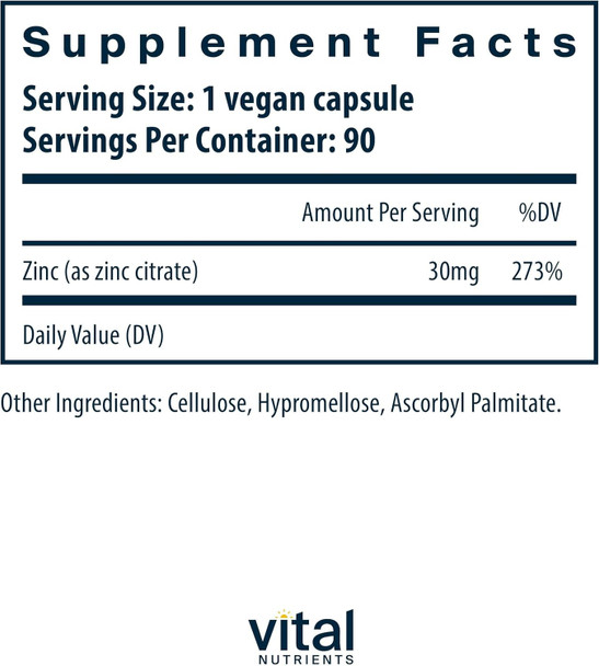 Vital Nutrients Zinc Citrate 30Mg  Easily Absorbed Immune Support Supplement  Vegan Zinc Supplement  Gluten, Dairy, Soy  Non-Gmo  30Mg  90 Capsules