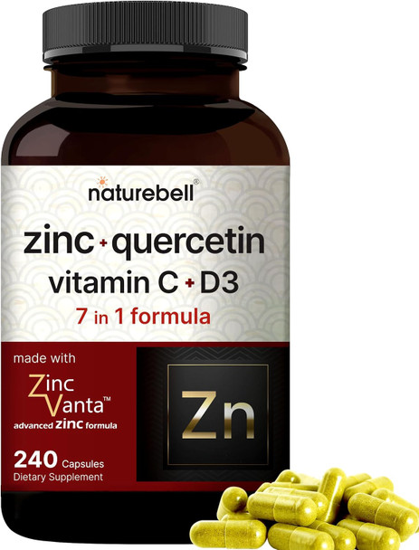 Naturebell Zinc Quercetin With Vitamin C & D3, 240 Capsules  Quercetin 1,000Mg, 4 In 1 Zinc 50Mg, Vitamin C 250Mg, Vitamin D3 5,000 Iu – Zincvanta Advanced Immune Defense & Lung Support