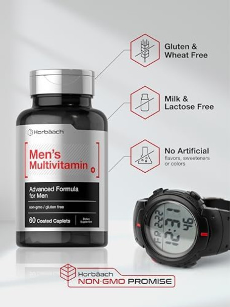 HorbAach Multivitamin For Men  60 Caplets  Non-Gmo & Gluten Vitamins & Minerals Daily Supplement