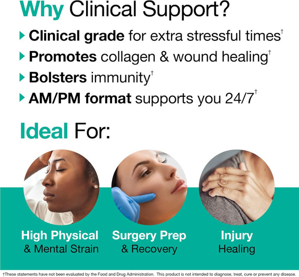 Vitamedica  Clinical Support Formula  Promotes Collagen & Wound Healing  Vitamin C, D, & A To Support Healthy Immune Function  Zinc + Selenium  Vitamin B  Multivitamin For Women & Men