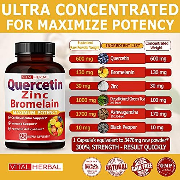 Premium High Purity Quercetin 98% With Bromelain Capsules Equivalent To 3470 Mg - Maximum Potency With Green Tea Ashwagandha - Supports Overall Health Strength Energy - 90 Days Supply