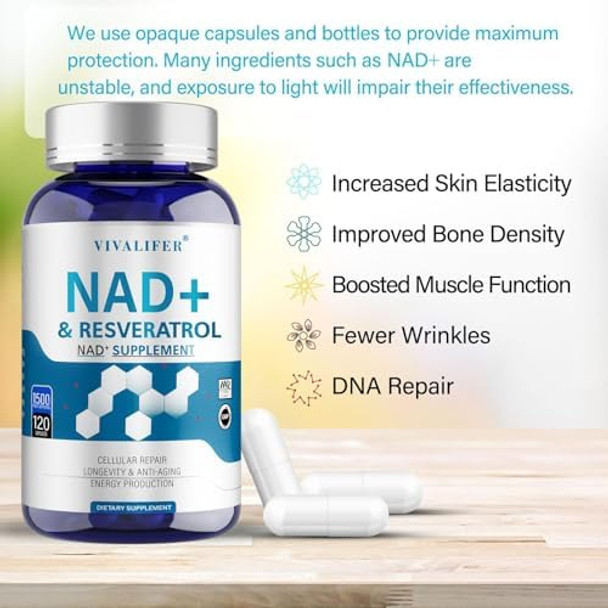 Nad+ Supplement 1500 Mg - 120 Capsules True Nad+ & Resveratrol, Nmn Alternative For Anti-Aging, Antioxidant Support, Metabolism & Energy Boost