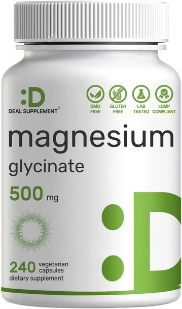 Deal Supplement Magnesium Glycinate 500Mg, 240 Veggie Capsules  Chelated For Easy Absorption  Highly Purified Essential Trace Mineral For Muscle, Joint, Heart, & Digestive Health