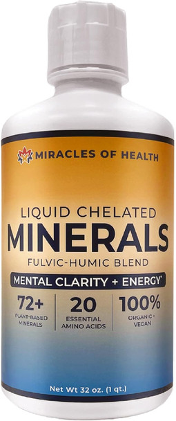 Liquid Chelated Minerals - 72+ Major & Minor Trace Minerals, 20 Essential Amino Acids - Natural Plant-Based Minerals - 100% Organic Humic Fulvic Minerals - 1 Month Supply, 32 Fl. Oz