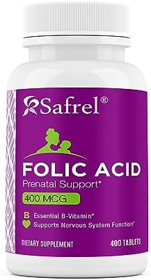 Safrel Folic Acid 400 Mcg - Vitamin B9-400 Tablets, Essential Prenatal And Postnatal Vitamin For Fetal Development, Red Blood Cell Production, Cell And Neural Development  Non-Gmo, Vegan