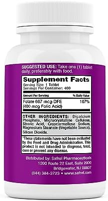 Safrel Folic Acid 400 Mcg - Vitamin B9-400 Tablets, Essential Prenatal And Postnatal Vitamin For Fetal Development, Red Blood Cell Production, Cell And Neural Development  Non-Gmo, Vegan