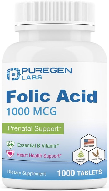 Puregen Labs Folic Acid 1000 Mcg Tablets  Vitamin B9  Non-Gmo  Gluten  Made In Usa  Value Size 1000 Tablets