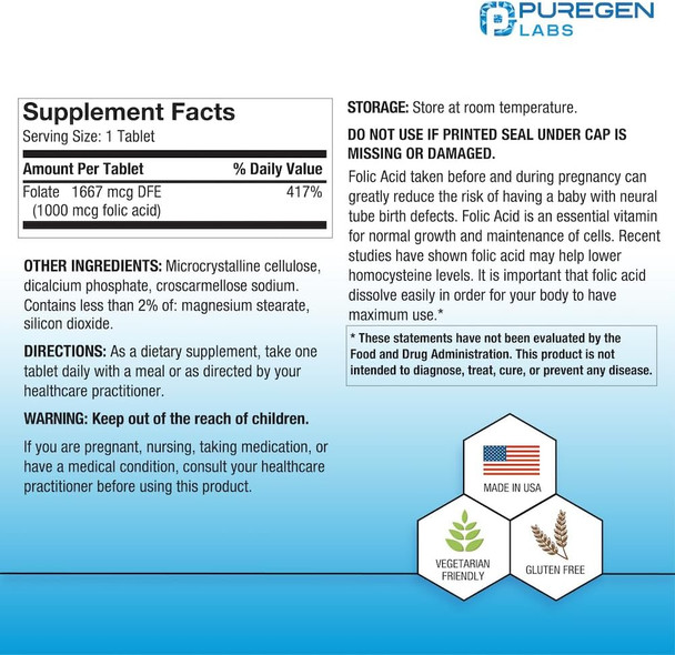 Puregen Labs Folic Acid 1000 Mcg Tablets  Vitamin B9  Non-Gmo  Gluten  Made In Usa  Value Size 1000 Tablets