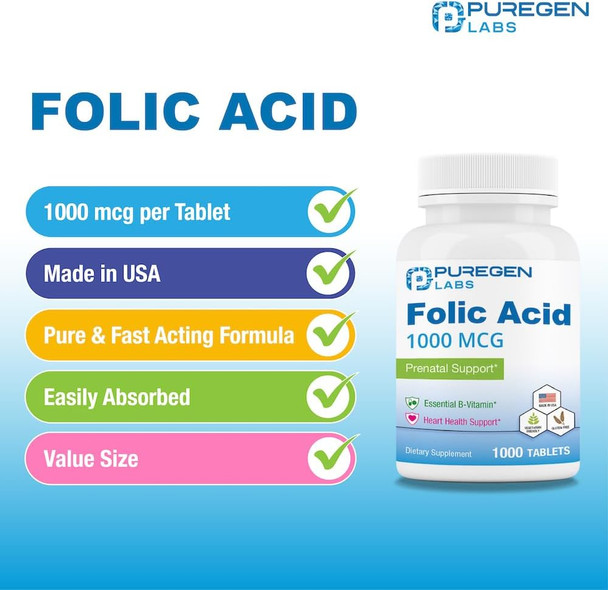 Puregen Labs Folic Acid 1000 Mcg Tablets  Vitamin B9  Non-Gmo  Gluten  Made In Usa  Value Size 1000 Tablets