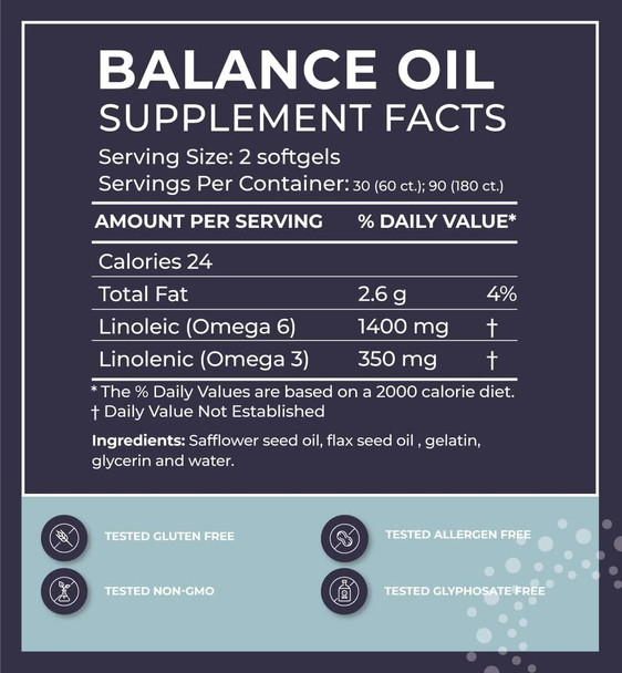 Bodybio Omega Oils 3 & 6 - Essential Fatty Acids For Brain And Heart Health  Organic Safflower And Flax Seed Oil Blend  Cold-Pressed Oils  Dha Epa  Balance Oil 180 Softgel