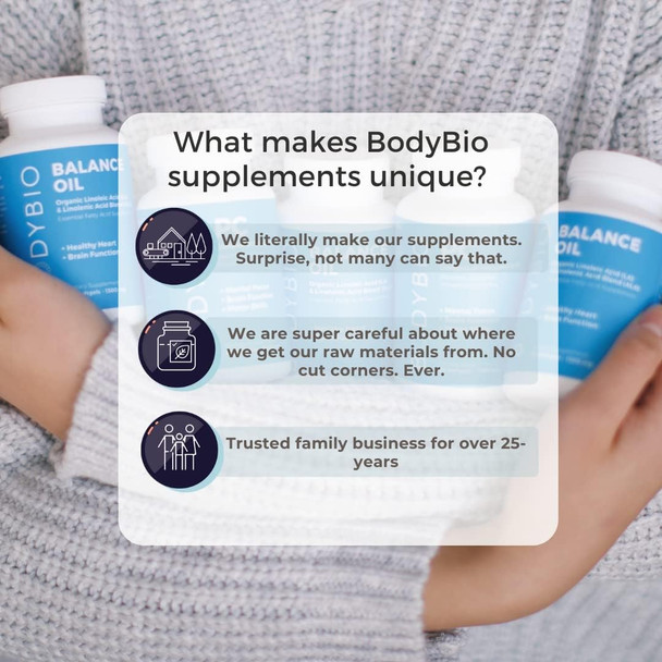 Bodybio Omega Oils 3 & 6 - Essential Fatty Acids For Brain And Heart Health  Organic Safflower And Flax Seed Oil Blend  Cold-Pressed Oils  Dha Epa  Balance Oil 180 Softgel