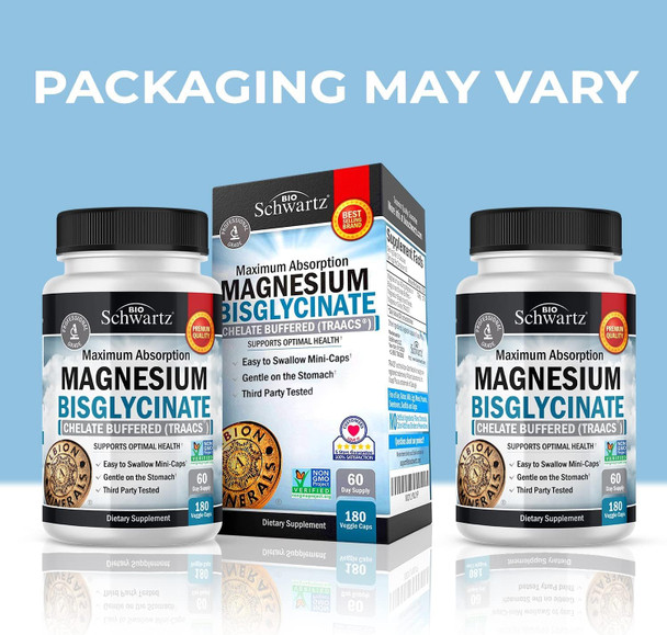 Magnesium Bisglycinate 100% Chelate No-Laxative Effect - Maximum Absorption Magnesium Supplement - Fully Reacted & Buffered For Energy Muscle Bone & Joint Support - Non-Gmo Project Verified -180Ct
