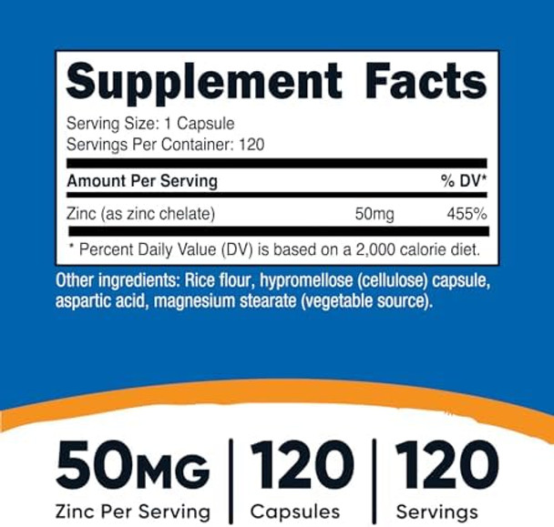 Nutricost Zinc Chelate 50Mg, 120 Vegetarian Capsules - Gluten And Non-Gmo