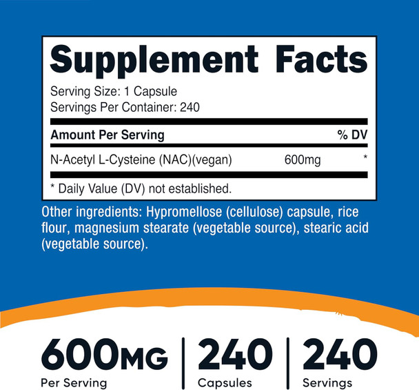 Nutricost N-Acetyl L-Cysteine (NAC) 600mg 240 Vegetarian Capsules - Vegan Non-GMO Gluten Free