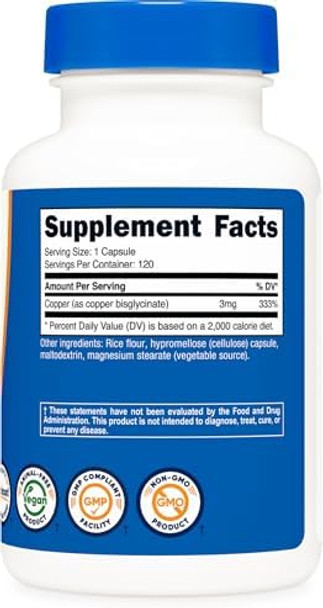 Nutricost Copper Glycinate Capsules (120 Capsules, 3Mg Copper Per Serving) - Non Gmo, Vegan