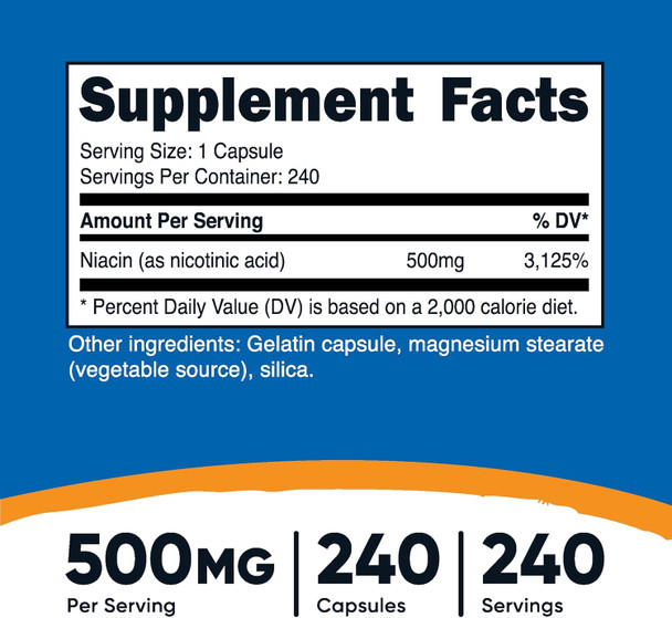 Nutricost Niacin (Vitamin B3) 500Mg, 240 Capsules - With Flushing, Non-Gmo, Gluten Free