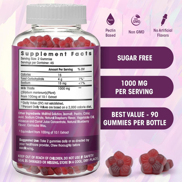 Milk Thistle Gummies- Naturally Flavored, Sugar-Milk Thistle 1000Mg Extract – Liver Detox, Support, ReCleanse. Delicious Alternative To Milk-Thistle Capsules, Power, Or Tea - 90 Count
