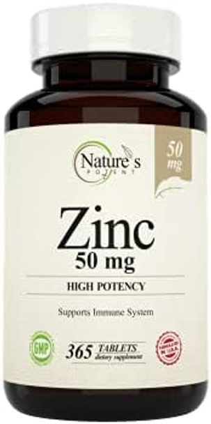 Nature'S Potent Zinc 50 Mg, Immune Support Supplement - High Potency For Maximum Immune & Antioxidant Health - Made In Usa From Natural Zinc Oxide - 365 Tablets (1 Year Supply)
