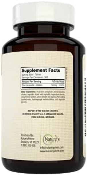 Nature'S Potent Zinc 50 Mg, Immune Support Supplement - High Potency For Maximum Immune & Antioxidant Health - Made In Usa From Natural Zinc Oxide - 365 Tablets (1 Year Supply)