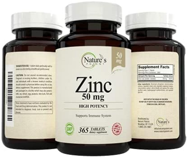 Nature'S Potent Zinc 50 Mg, Immune Support Supplement - High Potency For Maximum Immune & Antioxidant Health - Made In Usa From Natural Zinc Oxide - 365 Tablets (1 Year Supply)