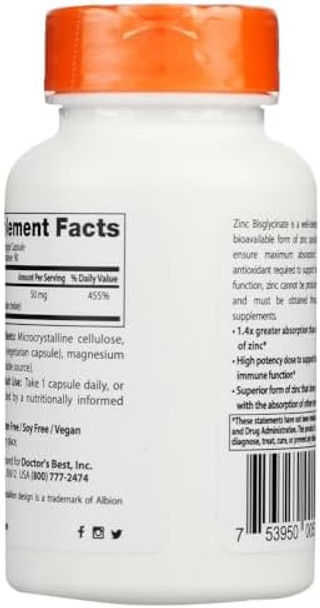 Doctor'S Best High Absorption Zinc Bisglycinate 50Mg High Potency Supporting Enhancing Immune System Antioxidant Vc, 90 Count