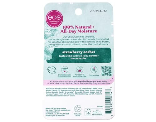 Eos 100% Natural Organic Lip Balm, Strawberry Sorbet, With Natural Shea For Sensitive Skin, 0.25 Oz (2-Pack)