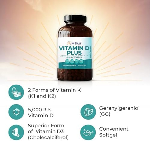 Reignite Wellness By Jj Virgin Vitamin D Plus - Relevant Serving Of 5000 Iu, Highly Absorbable Vitamin D + Vitamin K1 & K2 - Gg Supplement For Immune Health - Bone And Heart Supplement (60 Softgels)