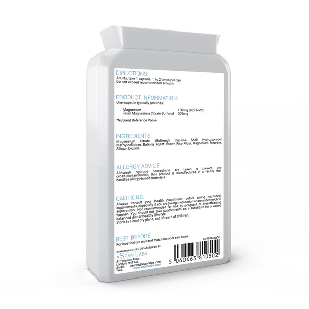 Xspanlabs Magnesium Citrate 500mg 120 Capsules - providing 150mg of elemental Magne