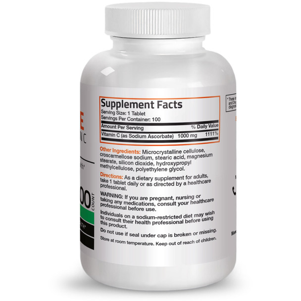 Bronson Vitamin C Sodium Ascorbate Non-Acidic Non-GMO - 1000 mg 100 Count