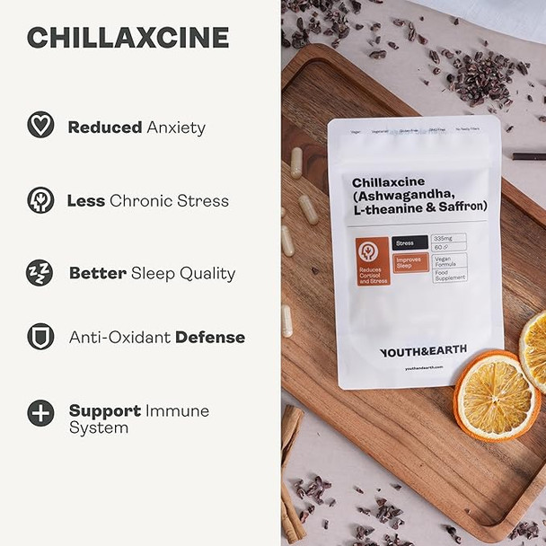 Youth & Earth CHILLAXCINE Supplement - 335mg Ashwagandha High Strength, L theanine & Saffron Supplement for Anxiety Relief, Better Sleep & Chronic Stress Support | 60 Capsules